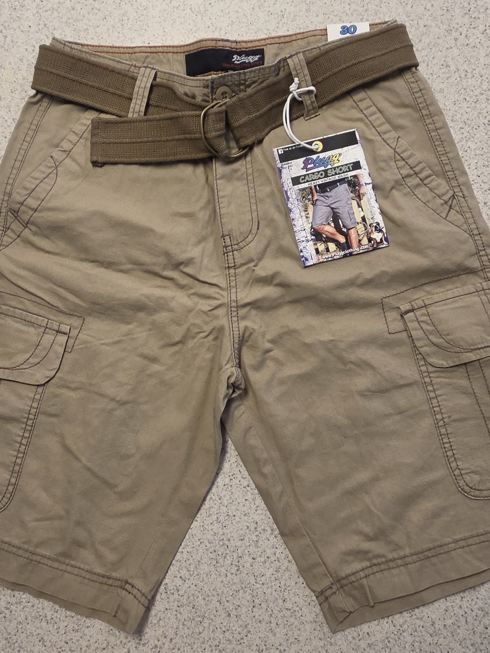 NWT Plugg Men's Cargo Shorts Size 30 Heavy Vintage Wash Beige Khaki Belted